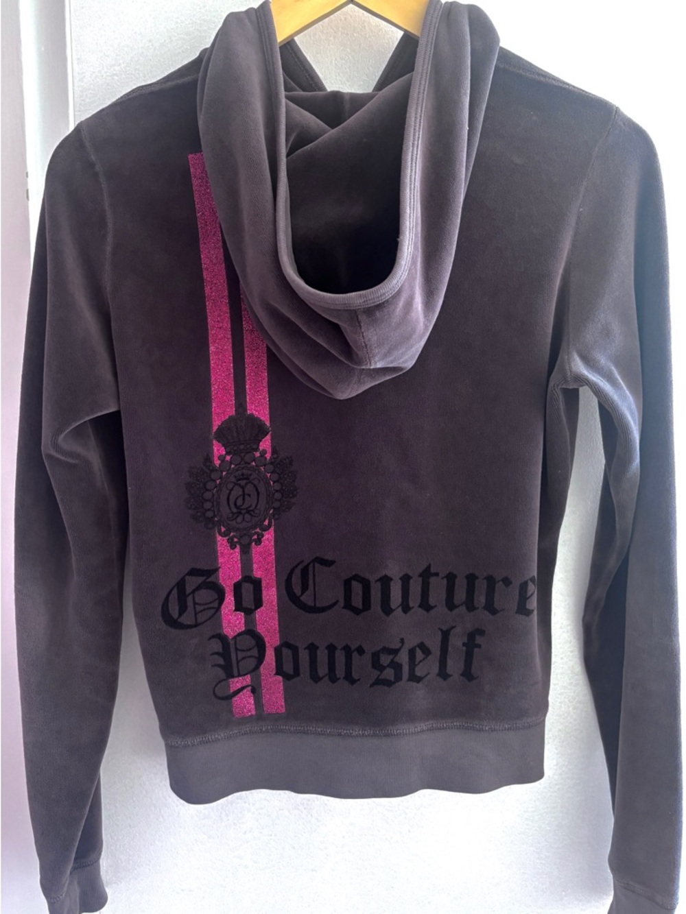 Juicy Couture Dark Grey Velour Y2K Hoodie With Pink Glitter Front & Back Logo